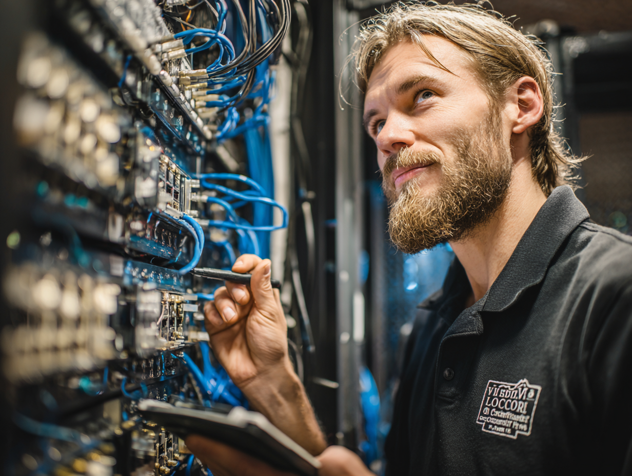 Audio technician connecting cables in professional amplifier and equipment rack